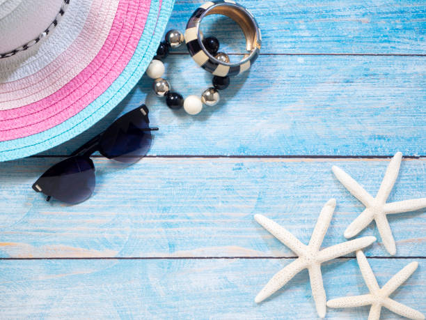 istock Travel summer Starfish on a bright blue wood background 1136707705