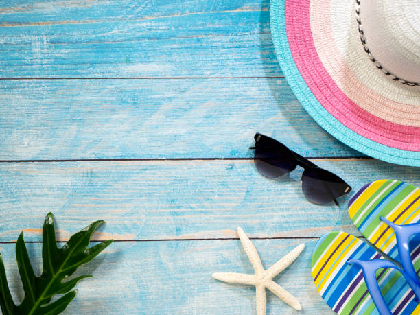 istock Travel summer Starfish on a bright blue wood background 1136707717