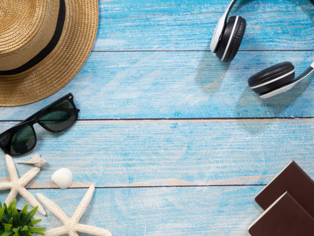 istock Travel summer Starfish on a bright blue wood background 1136707907