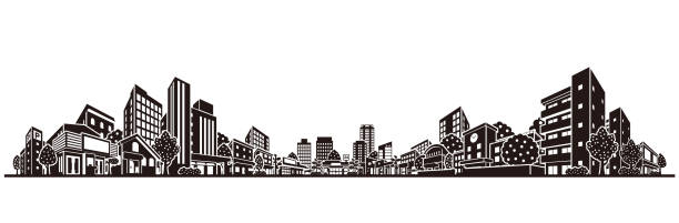 ilustraciones, imágenes clip art, dibujos animados e iconos de stock de ilustración vectorial del paisaje urbano - town