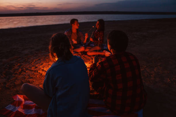 istock young friends have picnic with bonfire on the beach 1136710877