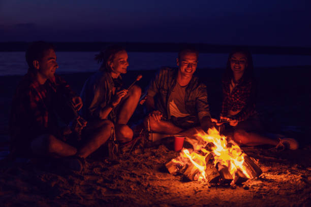 istock young friends have picnic with bonfire on the beach 1136710976