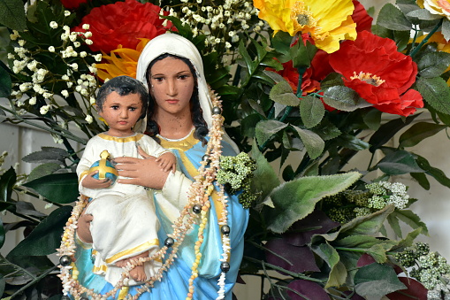 The Virgin Mary and Jesus in the Rotorua Catholic Church of the Whakarewarewa Thermal Village, in the centre of Rotorua, in New Zealand's North Island. The Mother Mary and Jesus look Maori in descent.