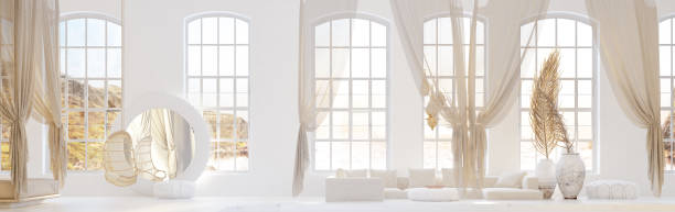 camera da letto aperta con soggiorno, stile bohémien scandinavo - window cushion old built structure foto e immagini stock