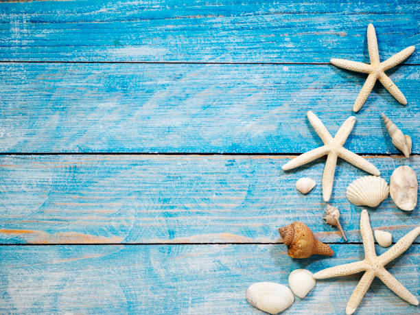istock Travel summer Starfish on a bright blue wood background 1136714123