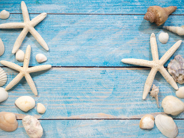 istock Travel summer Starfish on a bright blue wood background 1136714173