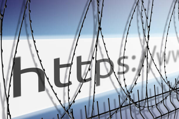 изображение адресной планки сайта блокирует забор колючей проволокой - заблокирована интернет-концепция - cyberspace www internet web page стоковые фото и изображения