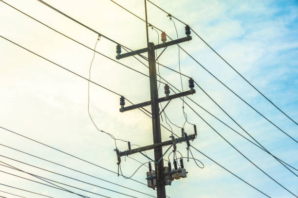 istock Electricity concept. Close up high voltage power lines station. 1136714335