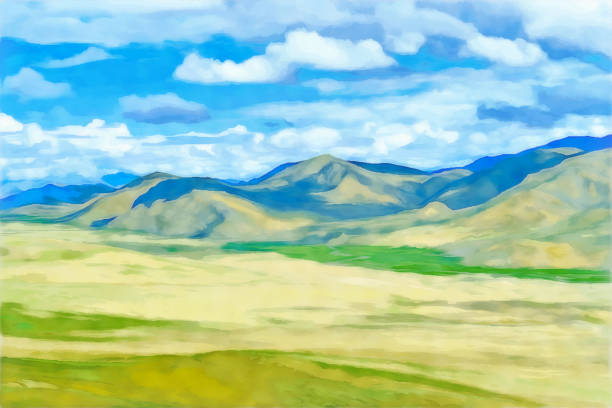 Digital painting. Drawing watercolor. Mountain landscape. Alpine landscape in early spring. Himalayas Tibet