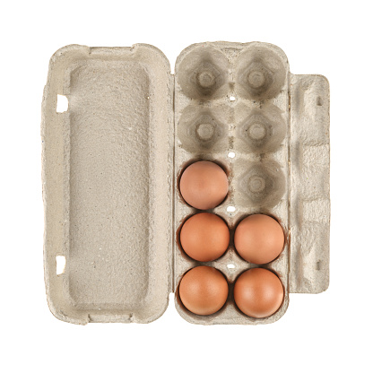 Opened egg carton box with five eggs isolated on white background. Top view. Half full
