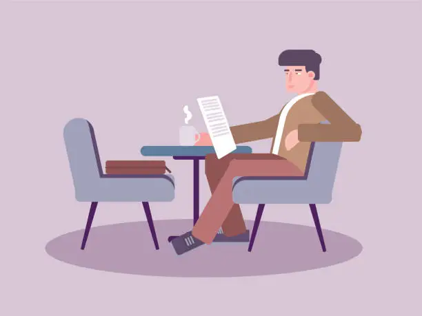 Vector illustration of Man reading newspaper in cafe vector illustration