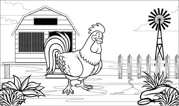 Vector illustration of black and white coloring page rooster in the farm yard