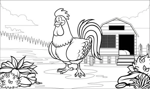 Vector illustration of chicken rooster in black and white style