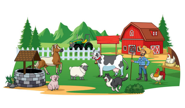 Farmer And Animals On The Farm Yard Stock Illustration - Download Image Now  - Farm, Domestic Cattle, Agricultural Field - iStock