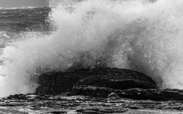istock Splash of huge waves on a rocky shore 1136728715