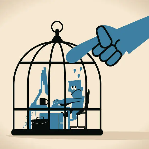 Vector illustration of Big index finger pointing at small man who working (using computer) in large birdcage, Work under pressure