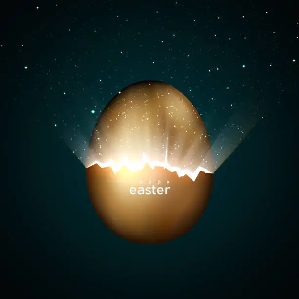 Vector illustration of Broken golden easter egg giving birth to the universe. Rays of light and stars from cracks in an easter egg of gold on a dark background. Vector, creative greeting card design
