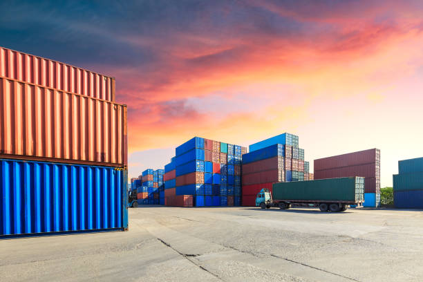 Containers stacked on commercial docks in Shanghai,modern logistics transportation scene stock photo