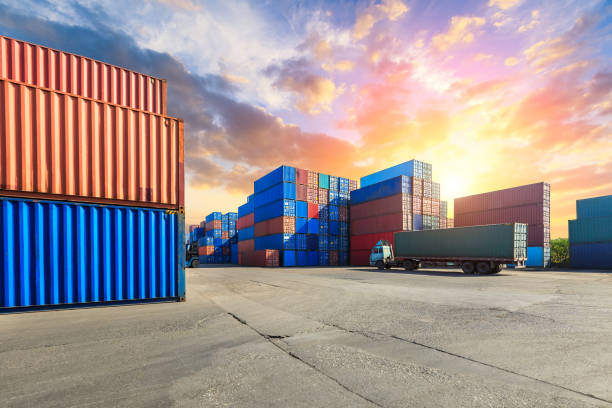 istock Containers stacked on commercial docks in Shanghai,modern logistics transportation scene 1136733102