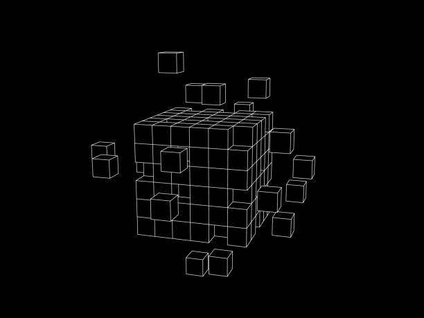 Wireframe cube from small cubes. Big Data concept. Wireframe cube from small cubes. Big Data concept. Vector outline illustration. giant cube stock illustrations
