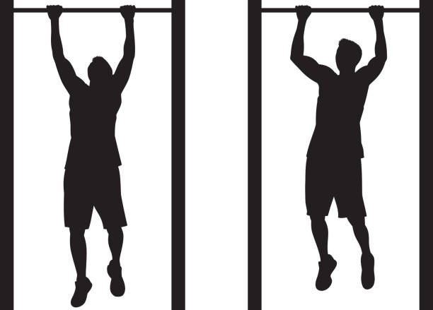 человек, делая pull-up силуэт - sport exercising silhouette chin ups stock illustrations