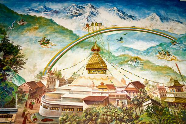 Murals, The Great Drigung Kagyud Lotus Stupa, Lumbini, Nepal, Buddhist Exterior wall murals of The Great Drigung Kagyud Lotus Stupa, main prayer room, Lumbini, Nepal, Buddhist lumbini nepal photos stock pictures, royalty-free photos & images