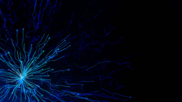 istock Dynamic powerful spiritual energy, beautiful neon flame light particulars growing in the space, opening presentation background, blue theme 1136737327
