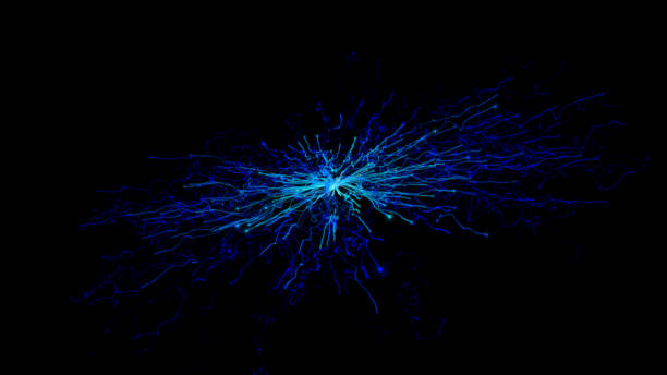 istock Dynamic powerful spiritual energy, beautiful neon flame light particulars growing in the space, opening presentation background, blue theme 1136737350