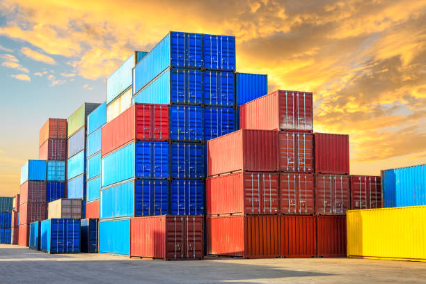 Containers stacked on commercial docks in Shanghai Industrial Container yard for Logistic Import Export business container stock pictures, royalty-free photos & images