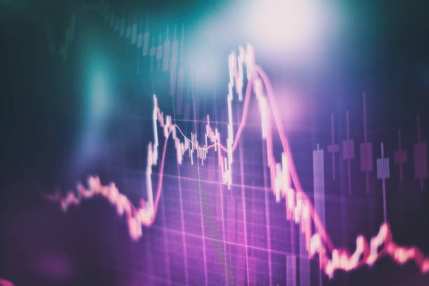 istock Technical price graph and indicator, red and green candlestick chart on blue theme screen, market volatility, up and down trend. Stock trading, crypto currency background. 1136746515