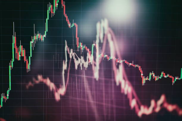 istock Technical price graph and indicator, red and green candlestick chart on blue theme screen, market volatility, up and down trend. Stock trading, crypto currency background. 1136746520