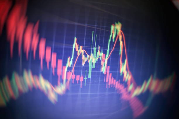 istock Technical price graph and indicator, red and green candlestick chart on blue theme screen, market volatility, up and down trend. Stock trading, crypto currency background. 1136746638