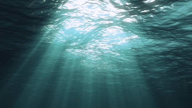 istock 3D rendering of underwater light creates a beautiful solar curtain. Underwater ocean waves oscillate and flow with the rays of light 1136746645