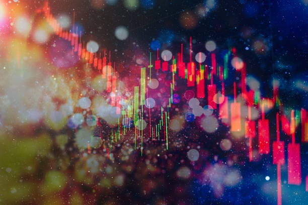 istock Technical price graph and indicator, red and green candlestick chart on blue theme screen, market volatility, up and down trend. Stock trading, crypto currency background. 1136746661