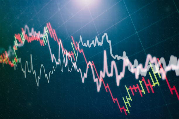 istock Technical price graph and indicator, red and green candlestick chart on blue theme screen, market volatility, up and down trend. Stock trading, crypto currency background. 1136746675