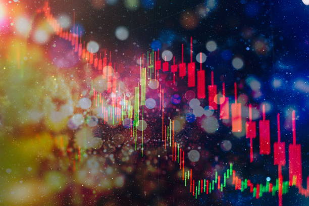 istock Technical price graph and indicator, red and green candlestick chart on blue theme screen, market volatility, up and down trend. Stock trading, crypto currency background. 1136746696