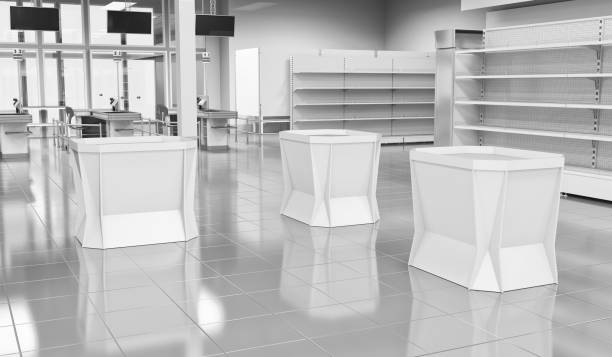 Cardboard shelf display in supermarket. 3d illustration