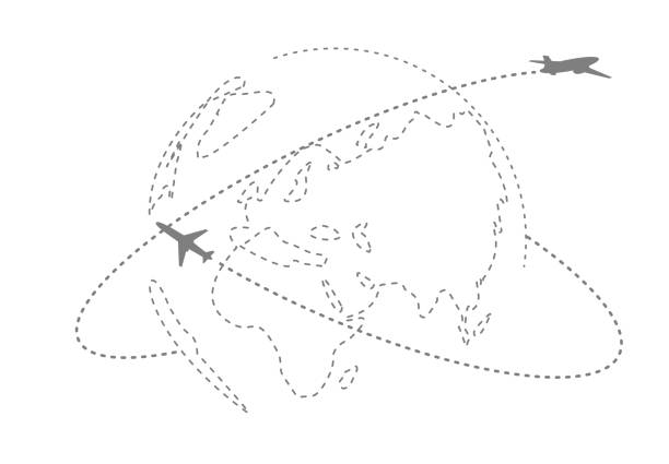 ilustrações de stock, clip art, desenhos animados e ícones de airplane line path with map - pista de aeroporto
