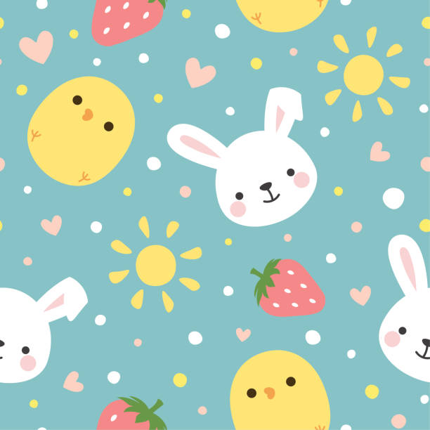 ilustrações de stock, clip art, desenhos animados e ícones de bunny and chick pattern with strawberry - baby chicken young bird young animal easter