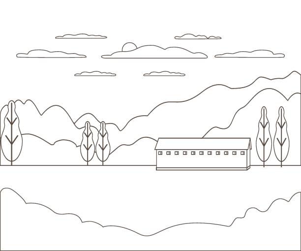 тонкая линия наброски ландшафта сельской фермы. панорама дизайн деревни современный с горой, холмом, деревом, небом, облаком и солнцем. лини - sketch landscape mountain barn stock illustrations