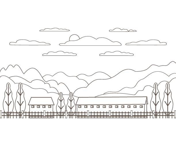 тонкая линия наброски ландшафта сельской фермы. панорама дизайн деревни современный с горой, холмом, деревом, небом, облаком и солнцем. лини - sketch landscape mountain barn stock illustrations