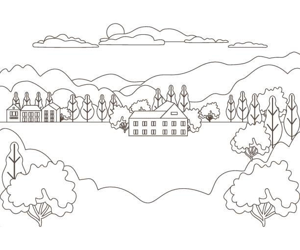 тонкая линия наброски ландшафта сельской фермы. панорама дизайн деревни современный с горой, холмом, деревом, небом, облаком и солнцем. лини - sketch landscape mountain barn stock illustrations