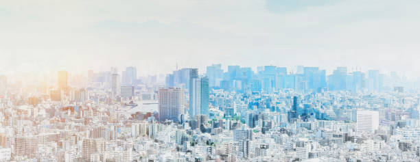 panorama de la ciudad moderna panorámica mezcla efecto de boceto - tokyo prefecture skyline japan panoramic fotografías e imágenes de stock