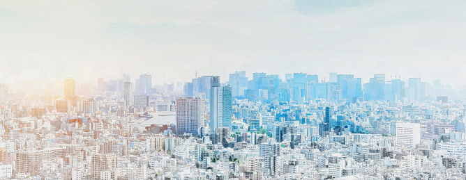 Asia business concept for real estate and corporate construction - panoramic modern city skyline aerial view in Tokyo, Japan mix sketch effect
