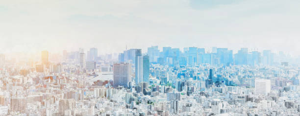 panorâmica moderna cidade skyline misturar efeito de esboço - tokyo prefecture skyline japan panoramic - fotografias e filmes do acervo