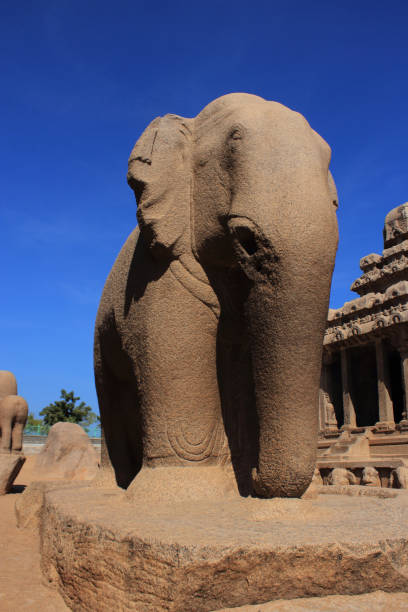 istock Ancient monuments with sculptures and carvings in Mahabalipuram, Tamil Nadu, India. 1136751637