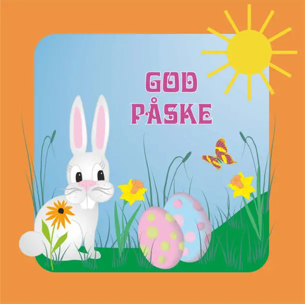 Vector illustration of Vector illustration with Danish text God Påsk, means Happy Easter. Concept with illustration in several languages.