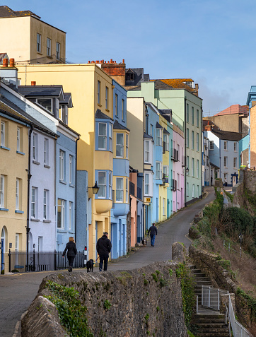 Colorful houses in the small coastal town of Tenby in Carmarthen Bay, Pembrokeshire on the south coast of Wales in the United Kingdom.