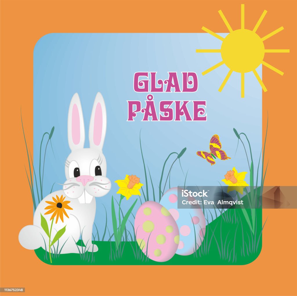 Ilustración vectorial con texto noruego Glad Påske, significa feliz Pascua. Concepto con ilustración en varios idiomas. - arte vectorial de Alegre libre de derechos