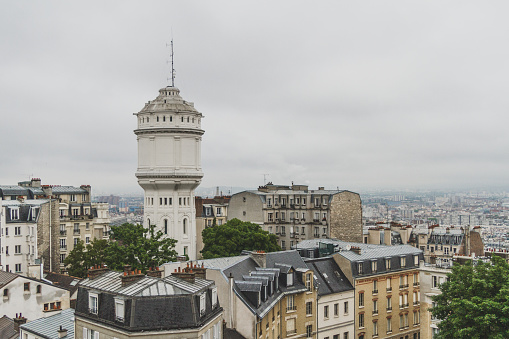 View of buildings and skyline of Paris, France, from top of the Sacre-coeur in Montmartre